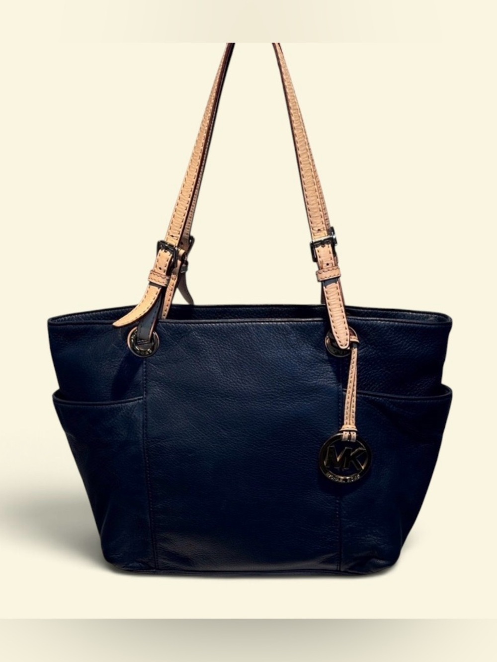 Michael Kors Dark Blue Tote with Tan Straps